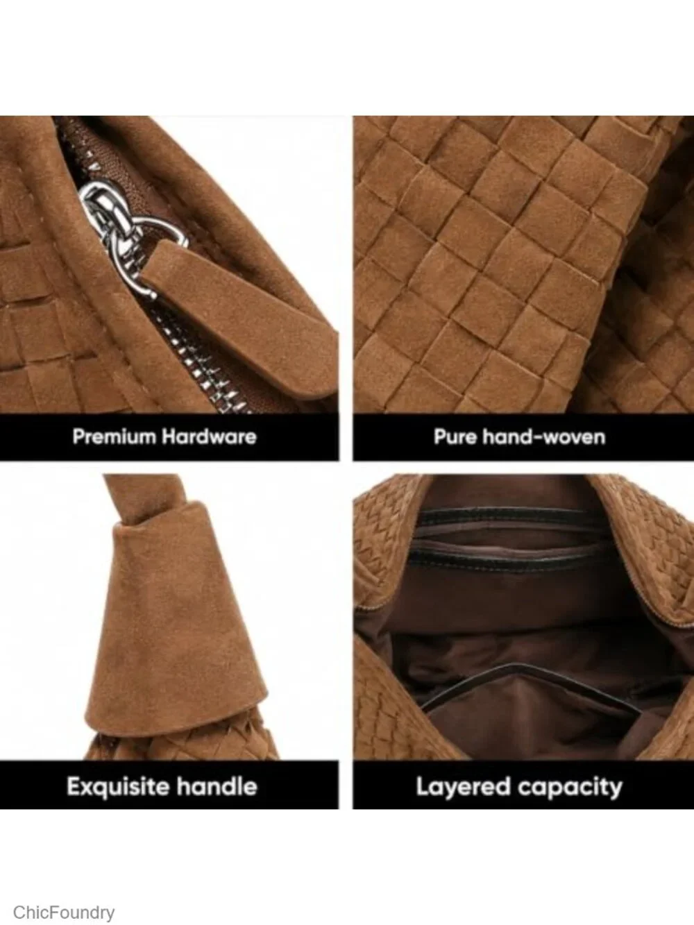 Woven Suede Slouchy Hobo Tote Bag Vegan Leather Women's Shoulder Purse